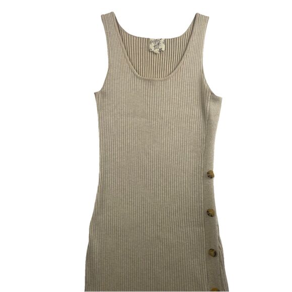 Hippie Rose Ribbed Knit Sleeveless Slit Button Dress Oatmeal-L - Picture 2 of 12